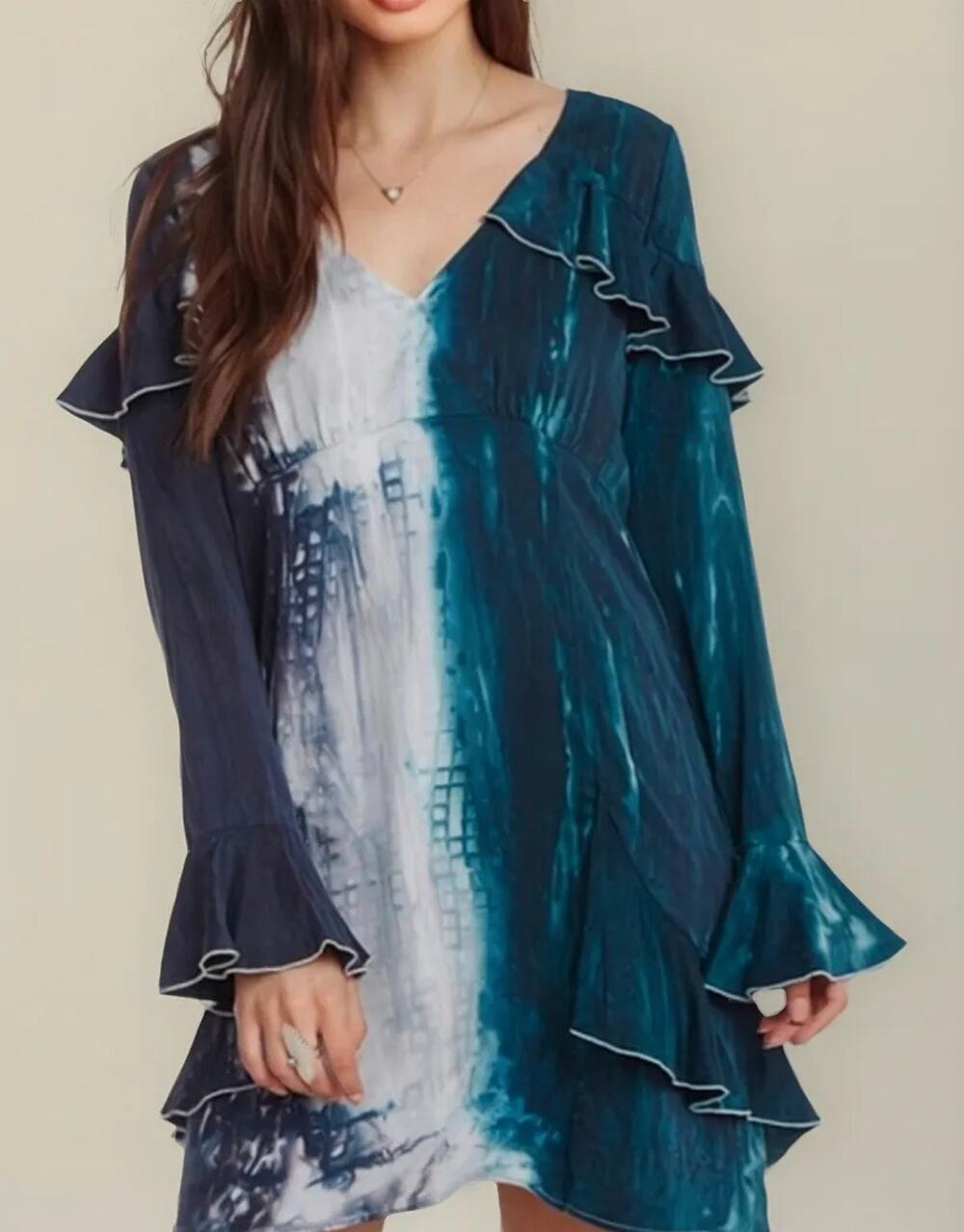 Chaser Women's Mini Dress Long Sleeve V-Neck Ruffle Tie Dye Green/Blue Sz M NWT